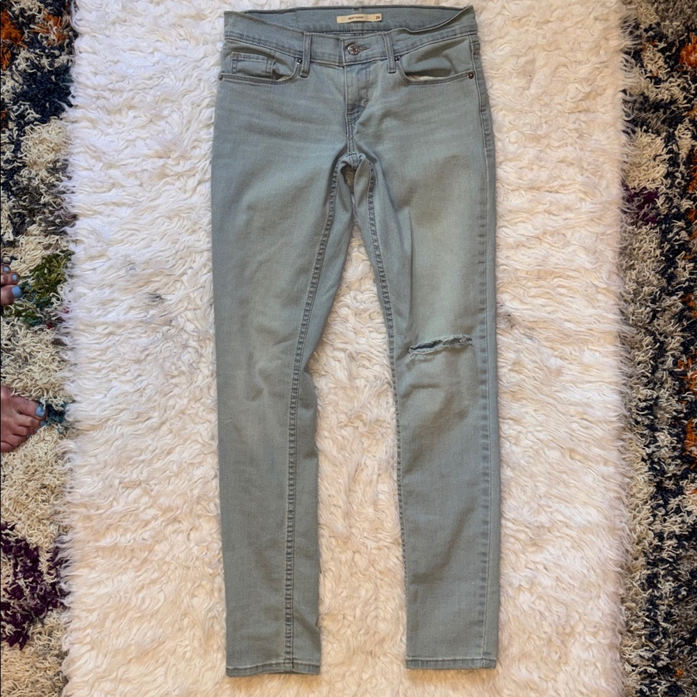 Levi’s 524 Skinny Low Rise Distressed Light Wash Jeans, Size 26 x 29.5”